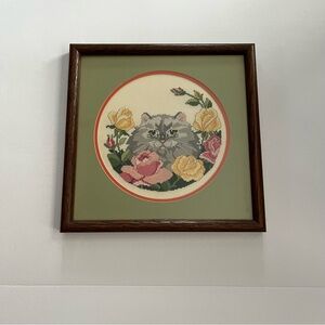 Gray Persian Cat Cross Stitch Picture Matted Framed Floral Roses Cottagecore New